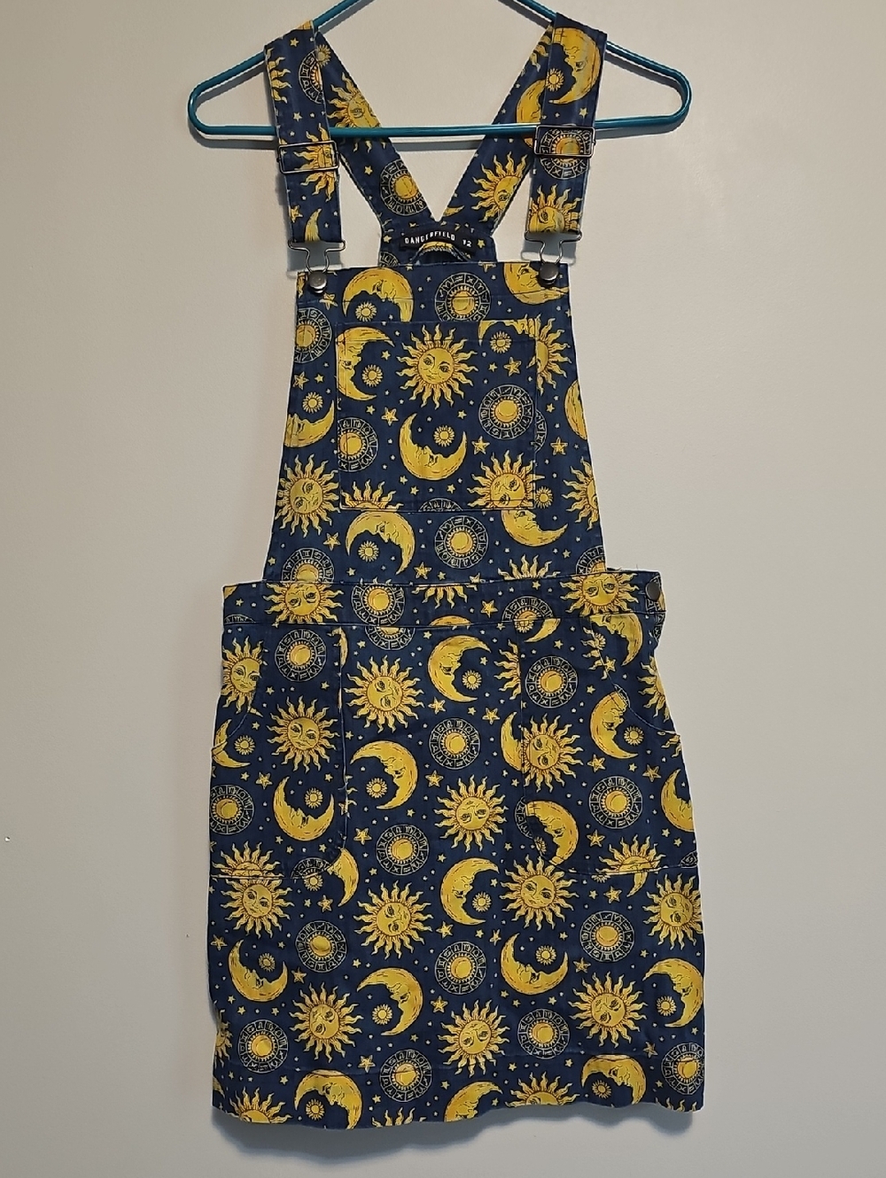 Dangerfield Denim Moon Stars Overall Dress with Yellow Celestial Print